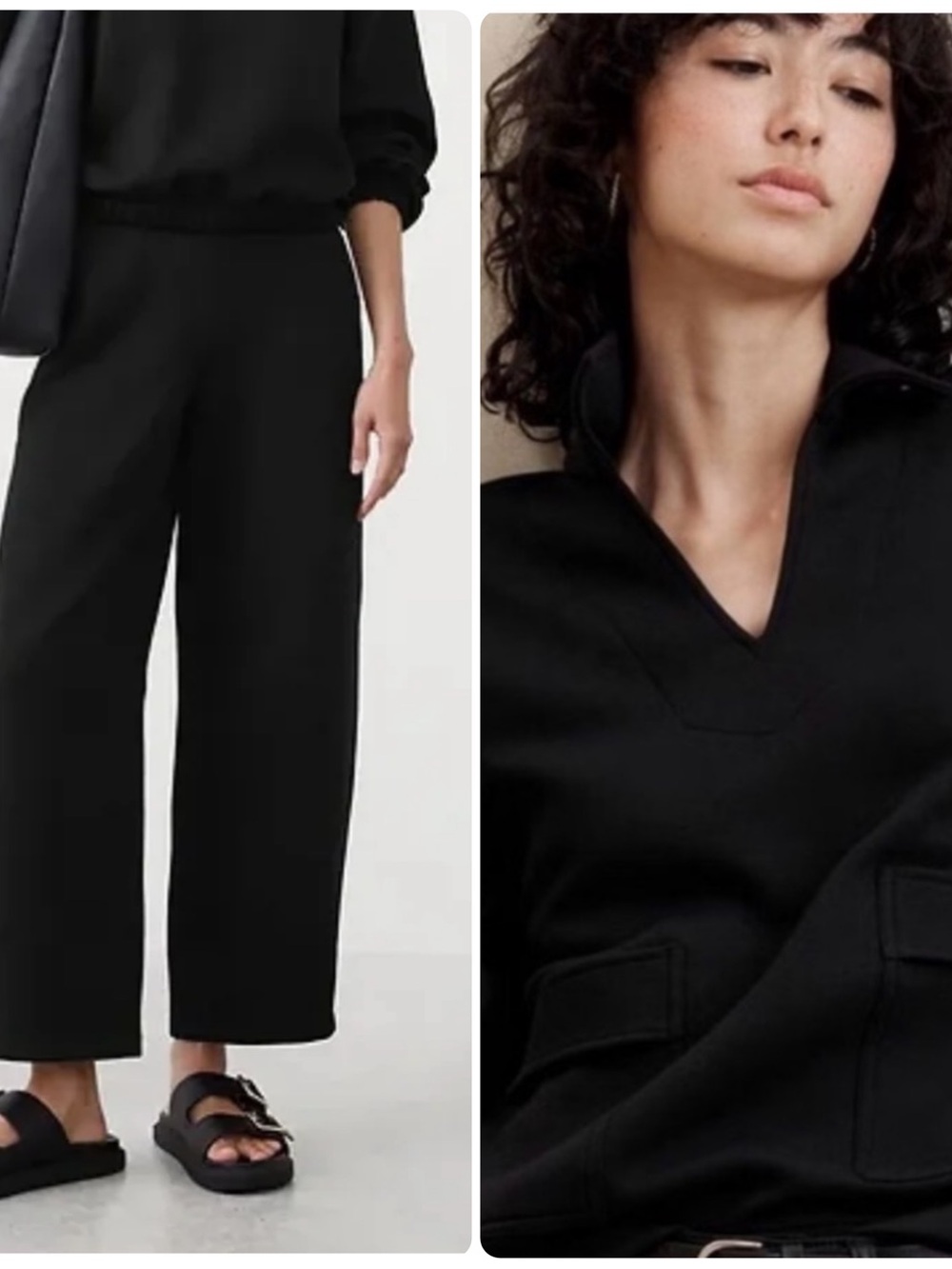 Banana Republic Wide-Leg Crop Scuba Pant Johnny Collar Top Set Size L-Tall Black